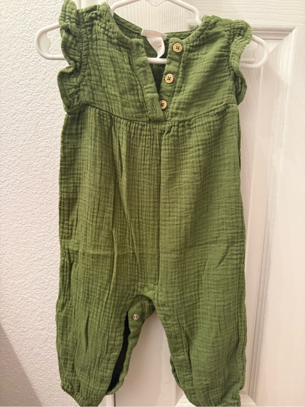 Olive Green Muslin Romper with Wooden Buttons